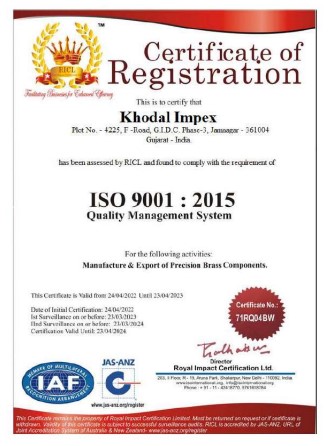 ISO 9001:2015 Certificate - Khodal Impex