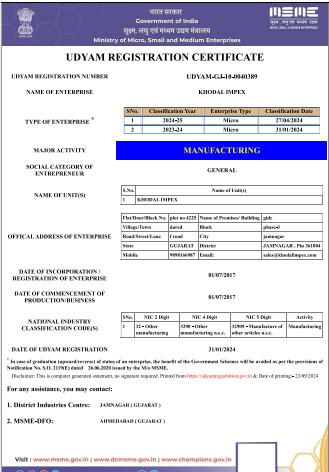 Udyam MSME Registration Certificate - Khodal Impex